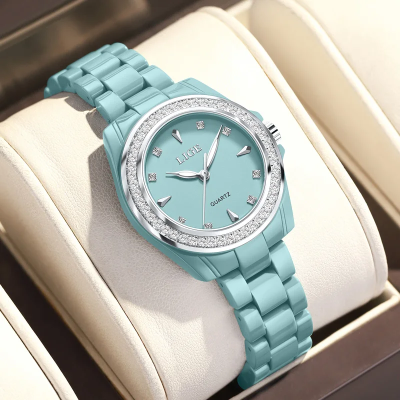 

LIGE Luxury Brand Elegant Women Watch Rhinestone White Silver Simple Stylish Ceramics Bracelet Quartz Casual Lady Wristwatch