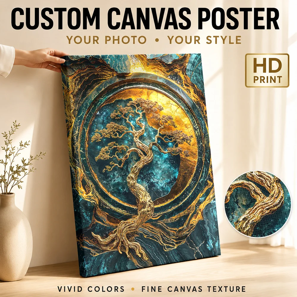 Golden Tree of Serenity Framed Canvas Print Poster Personalized Photo Botanical Floral Wall Paintings Decoration for Bedroom