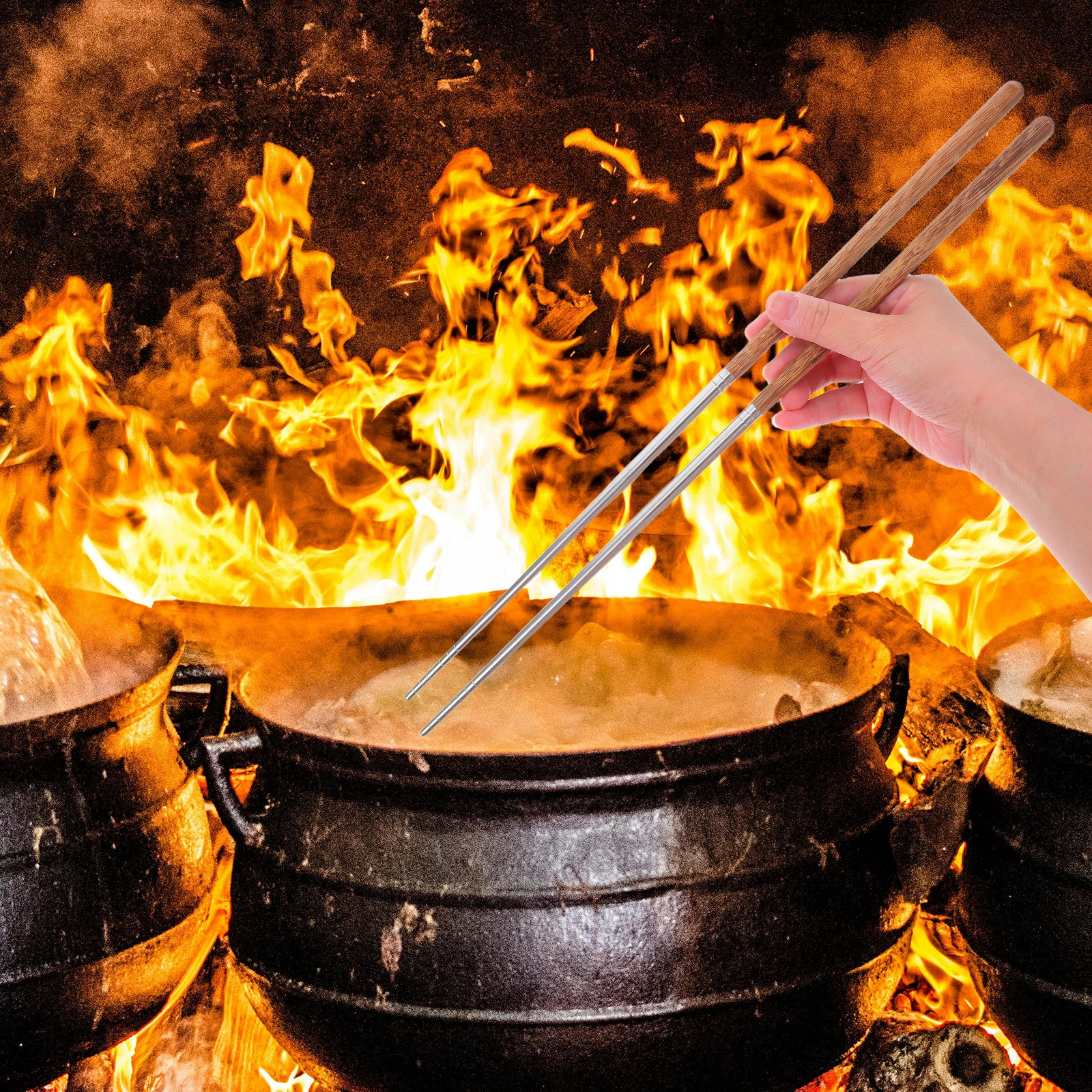 

304 Stainless Steel Chicken Wing Wood Chopsticks Extra Long Anti Slip Scald Proof Cooking Frying Hot Pot Noodles Kitchen