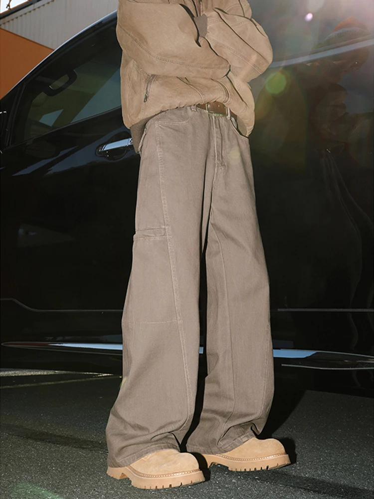

Brown Khaki Flared Men's Jeans High Street Retro Patchwork Straight Workwear Pants Advanced Sensation Trendy Brand American S...