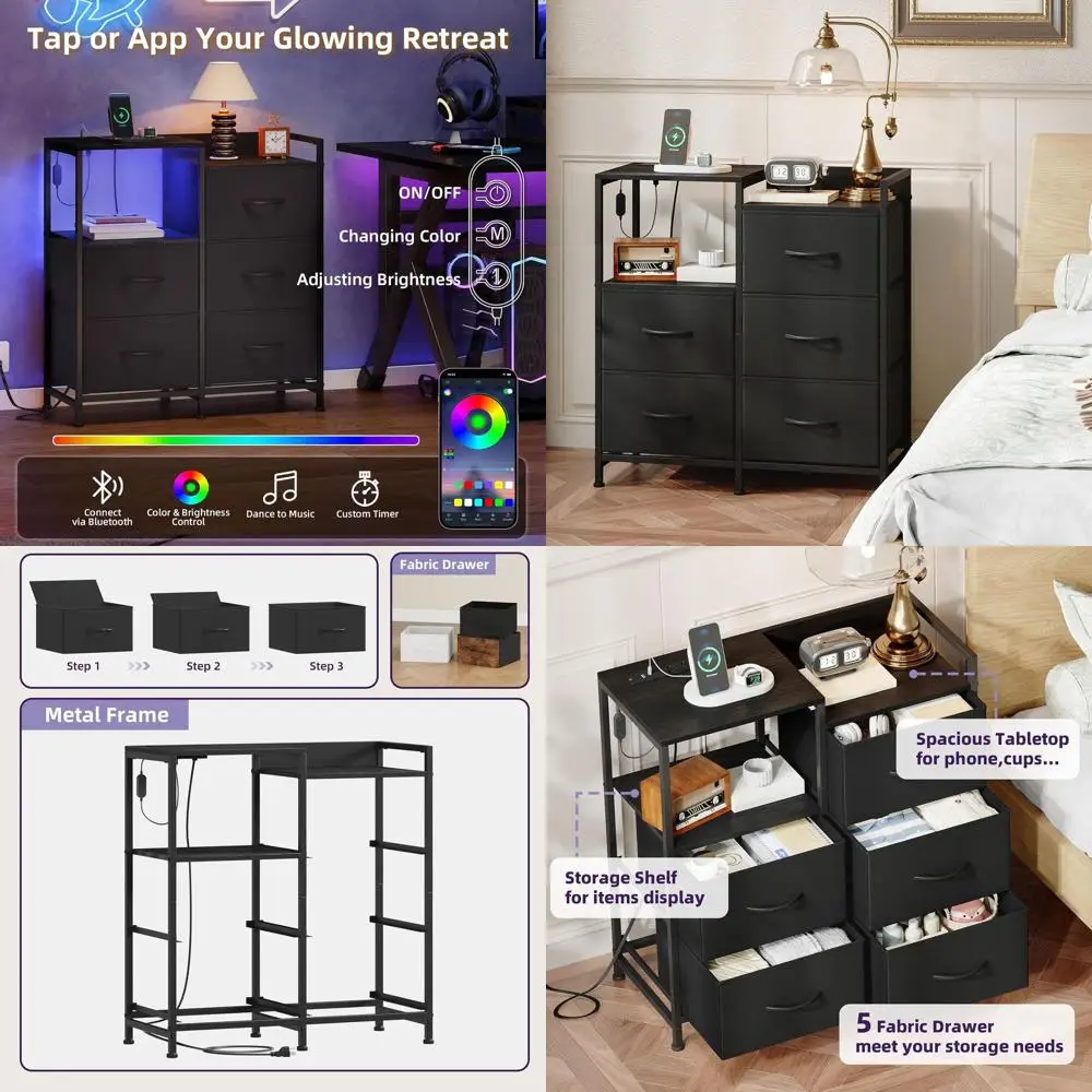 

Тумбочка-столик с зарядной станцией и комод с 5 тканевыми ящиками и LED-подсветкой для детских комнат, общежитий и гостевых комнат