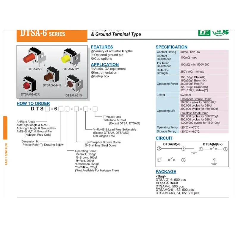 12PCS/LOTS DIP DTSAG-61R-S-V Tactile Switch 6*6*4.3 Side 3 Legs Vertical Pushbuttons