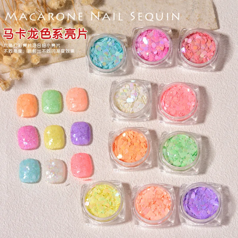 เกล็ดเลื่อมสีเล็บจาก1Jar มาการองสีส้ม/เหลือง/เขียว/ชมพูเลื่อมแวววาวเกล็ดเล็บสะท้อนแสงแบบไล่ระดับสี