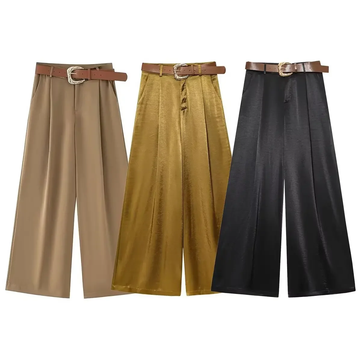 

2025 Summer New Women's Wear Solid Color Casual Chic Pleated Decoration With Belt Satin Textured Wide Leg Pants