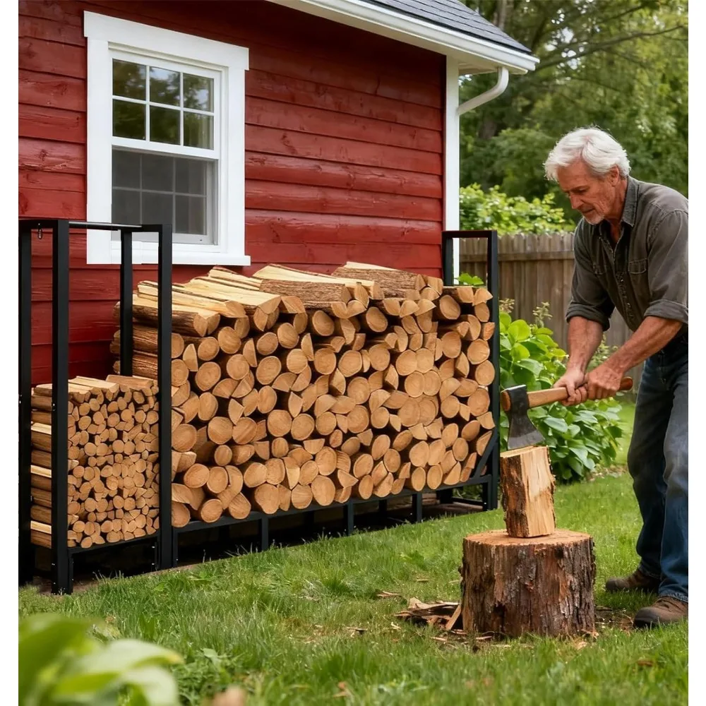 Large Firewood Rack Outdoor Heavy Duty Metal Wood Storage Holder with Kindling Shelf for Indoor Outdoor Fireplace Wood Pile