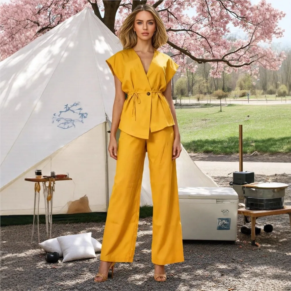 Fashion Waist Lace-up Vest Trousers 2 Piece Set Women's Spring Autumn New One Button Vest Straight Trousers Female Office Suit