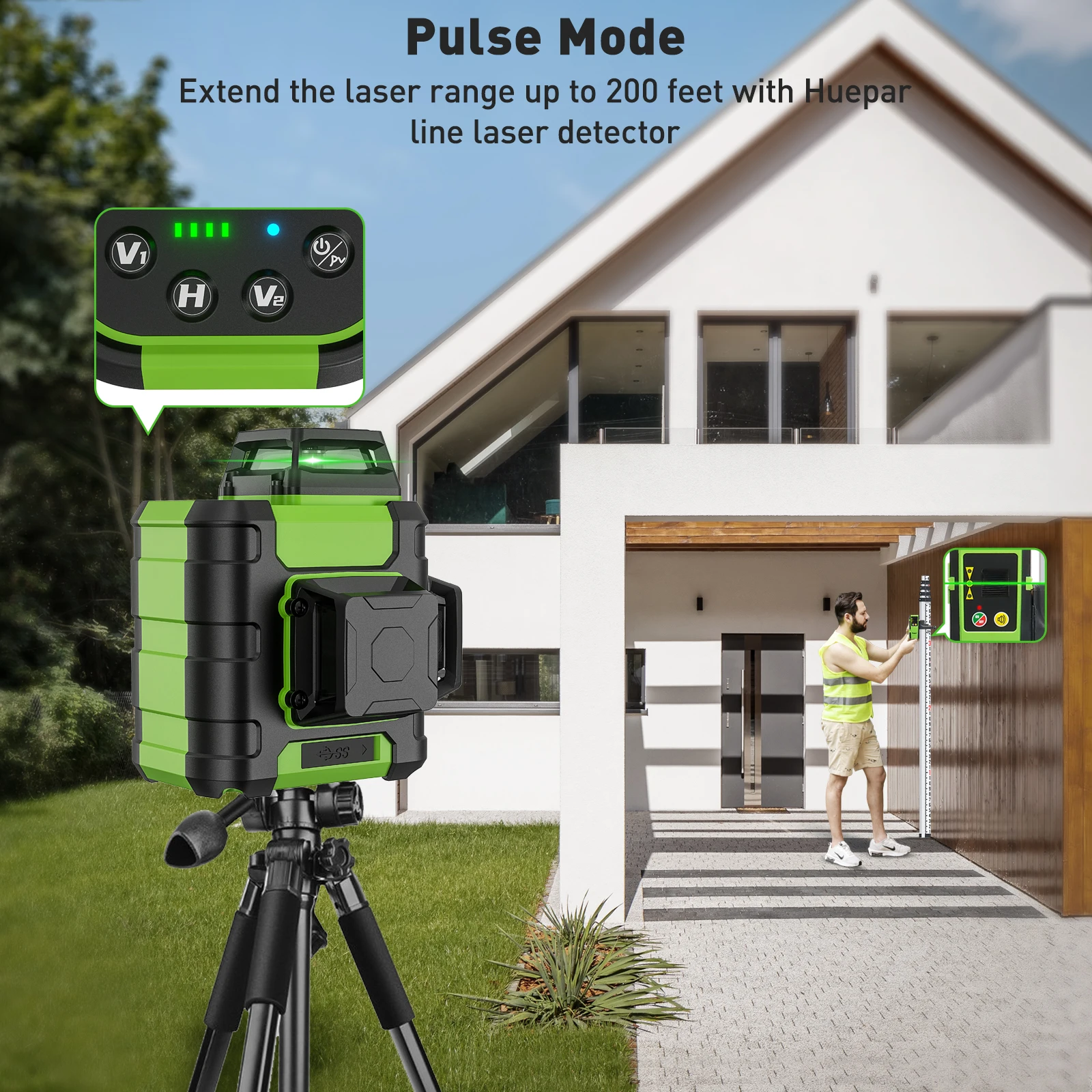 Huepar 3x360 °   Laser Level Green Beam 12-Linien Selbstnivellierende Kreuzlinienlaser-Nivellierwerkzeuge mit Pulsmodus und Hartschalenkoffer