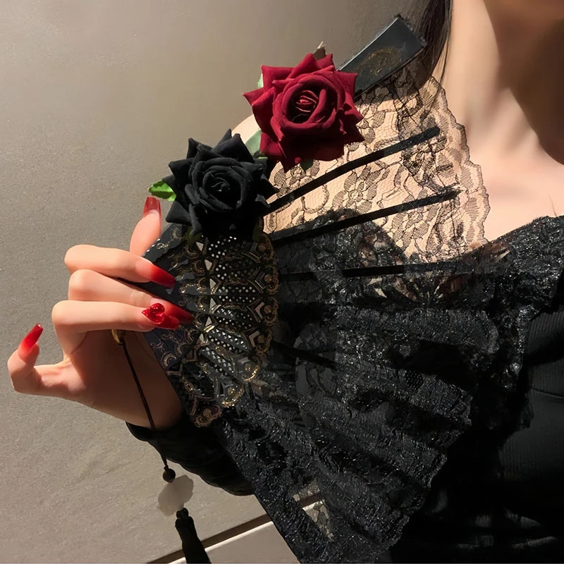 Combhasaki Halloween Lace Folding Fan 3D Rose Decor Retro Handheld Fan Vintage Lolita Style Photography Props Costume Accessory