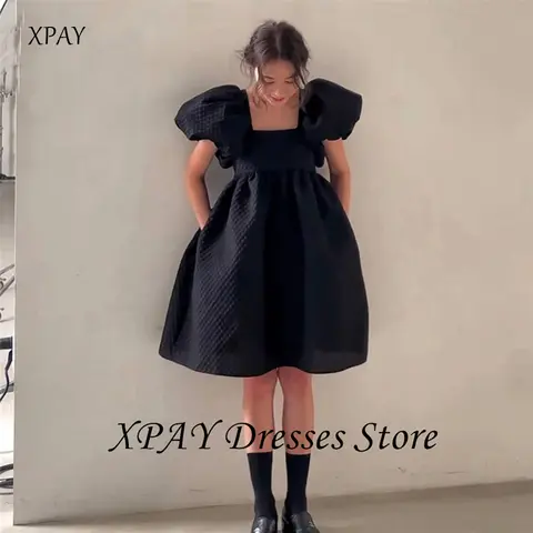 XPAY 빈티지 블랙 라인 미니 짧은 웨딩 파티 드레스 한국 사진 촬영 퍼프 반팔 데일리 복장 스커트 맞춤형