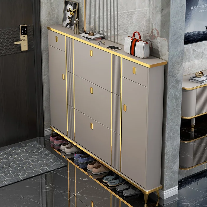 

Light luxury ultra-thin tipping bucket shoe cabinet household door 2025 new popular home storage cabinet integrated against the