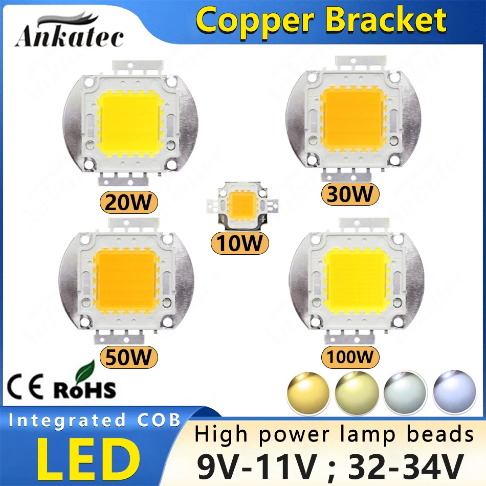 High Bright LED COB Chip Lamp Beads High Power 9-12V 10W 32-34V 20W 30W 50W 100W Copper Bracket Natural Cool Warm White Light