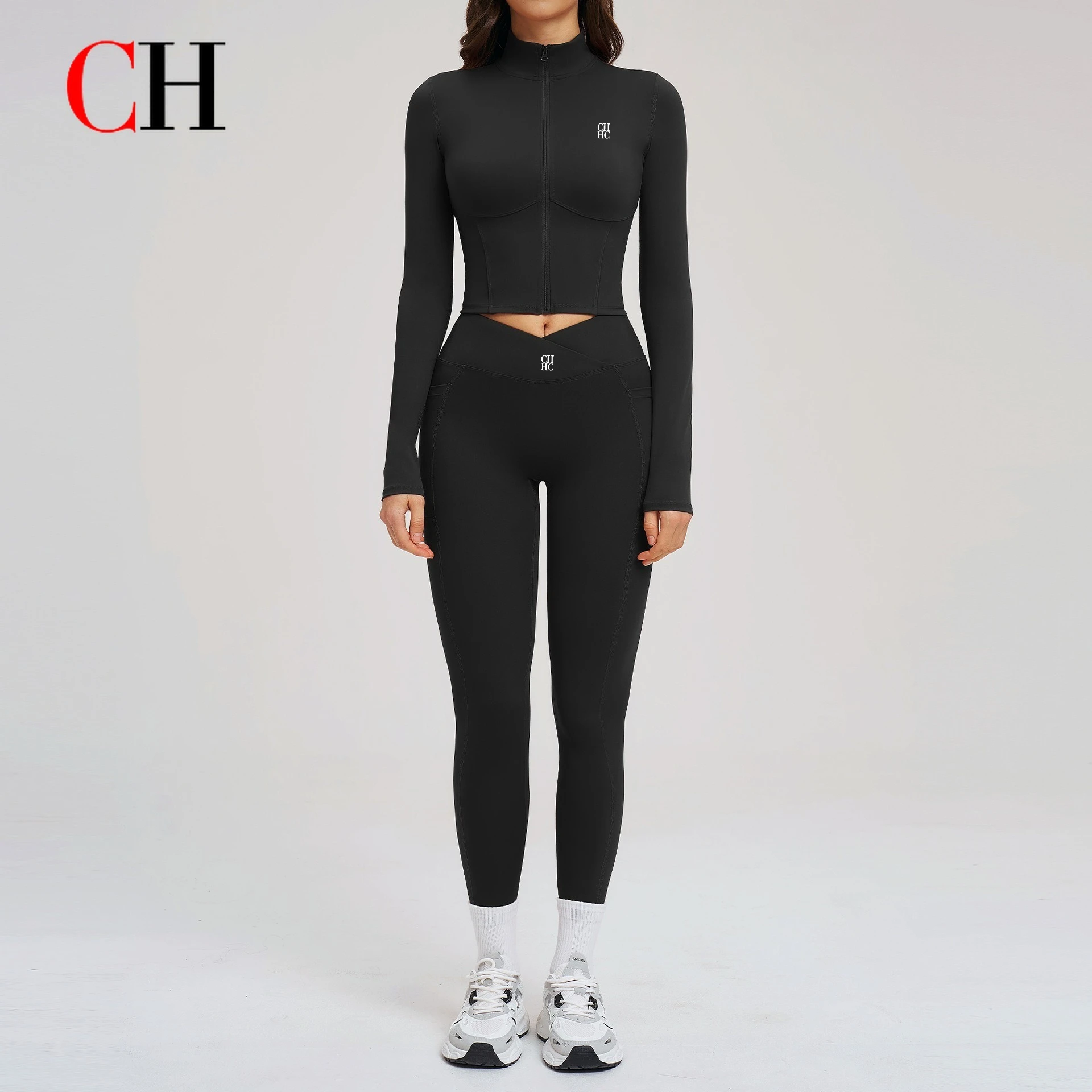 CH Western-style Naked-feel Yoga Set Zipper Tight-fitting Sportswear Fitness Clothes Outdoor Running Sports Set Women