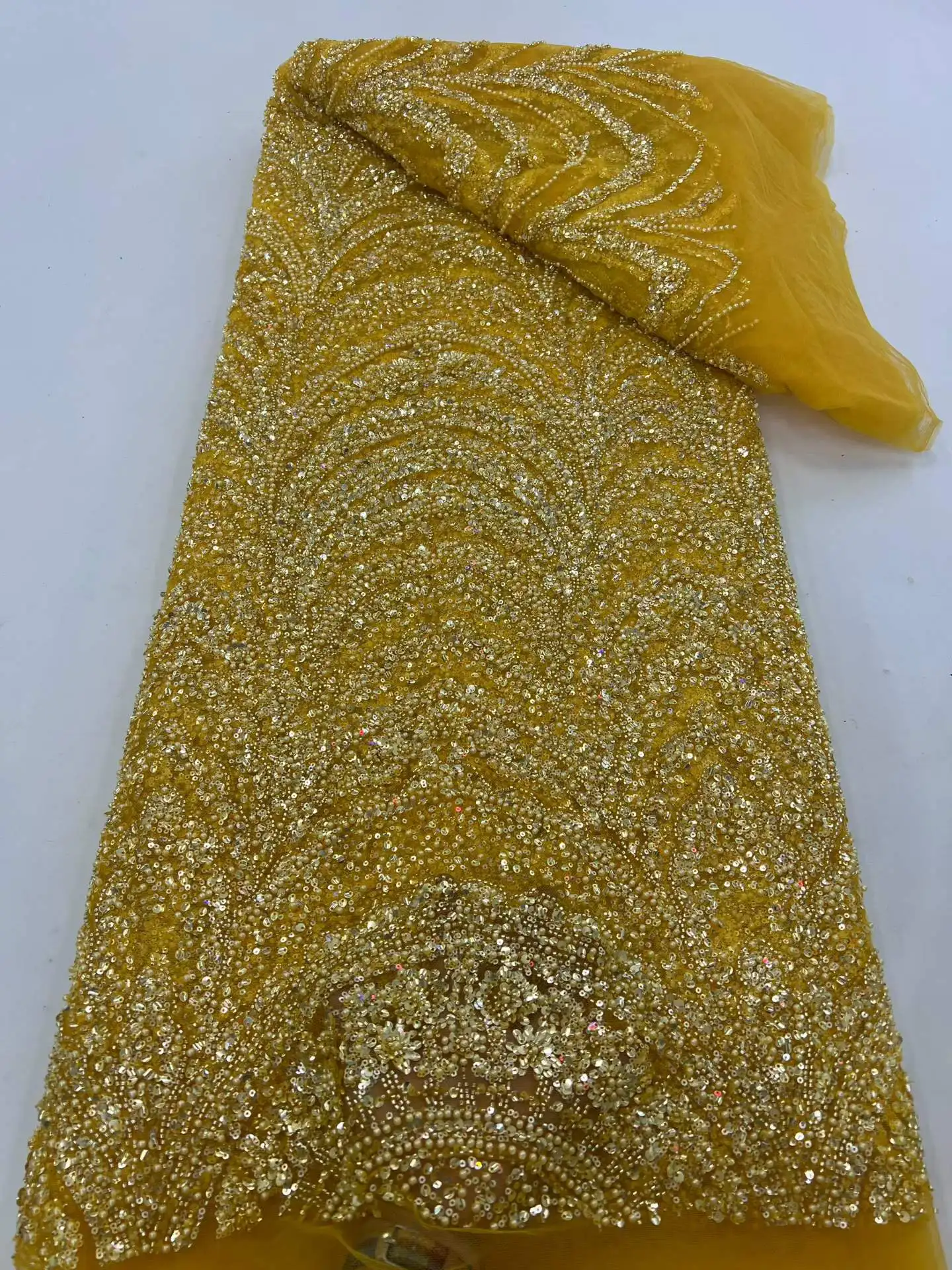 

African Heavy Beaded Lace Fabric, Nigerian Sequins Groom Fabric, Wedding Party Dress, High Quality, 5 Yards