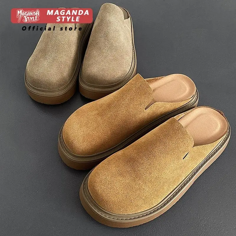 Boken shoes with frosted leather bag toe slippers for men, wear resistant casual slippers for summer height increase