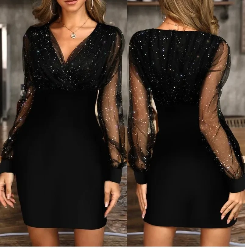 

Sexy V-Neck See Through Long Sleeve Dress Women Spring Autumn Party Mini Dresses vestidos cortos