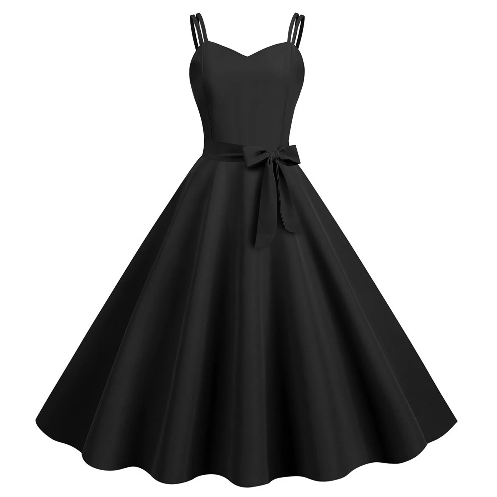 Vestido Midi com cinta de espaguete formal feminino, robe feminino, convidada do casamento, linha A, bainha grande, monocromático, nó de laço, zíper traseiro, vestido elegante