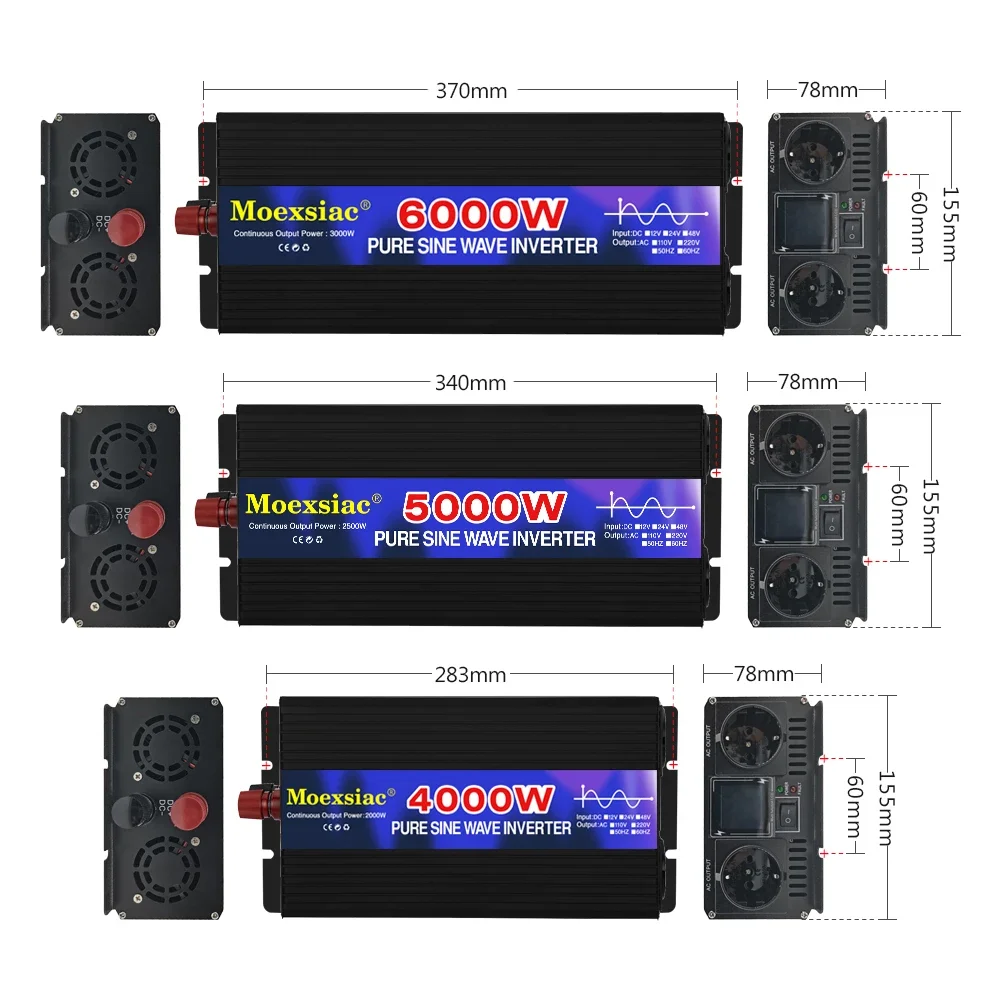 Pure Sine Wave Inverter 4000W 5000W 6000W Double EU Socket  DC 12V 24V 48V To AC 220V 50Hz 60Hz Voltage Power Solar Converters