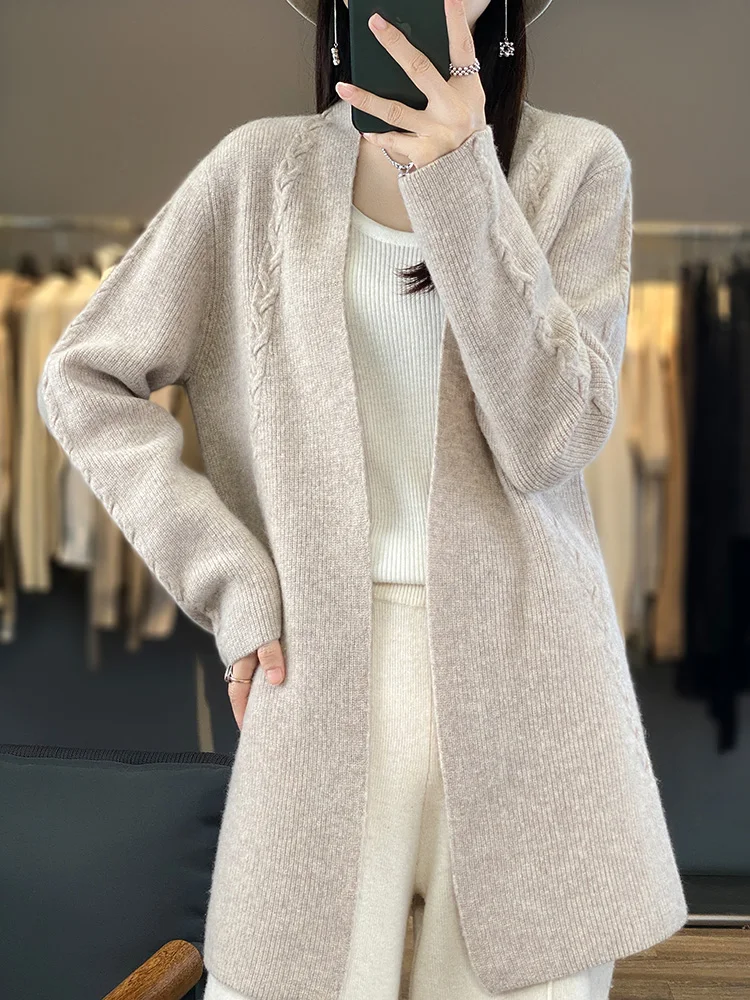 

100% Merino Wool Women's Long V-neck Cardigan Autumn Winter Casual Fashion Knitted Cashmere Sweater Jacket