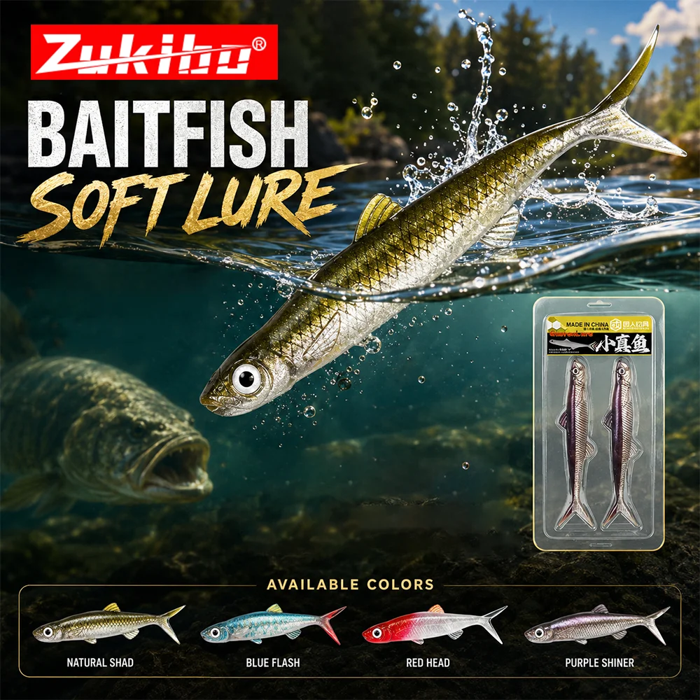 ZUKIBO 2er-Pack Weichplastik-Swimbait-Angelköder, schwimmender Gabelschwanz-Shad-Köder für Barsch, Zander, Hecht, zum Angeln im See, natürliche Aktion