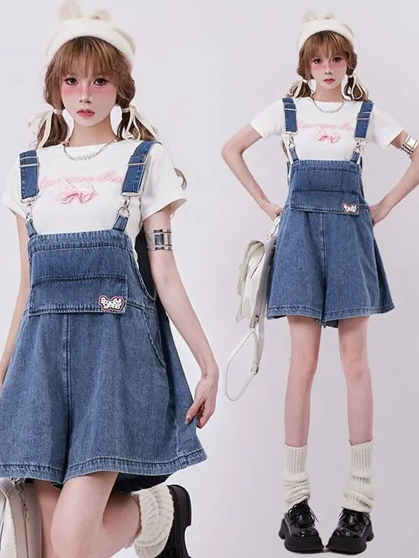 

Slimming Rabbit Ear Denim Overalls Women's Summer Thin Large Size Strap Rer Fat Sister ort Pants Faionable Casual Outfit