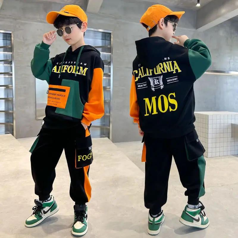 

Children Boys Spring Autumn Clothing Sets 2022 New Fashion Patchwork Hooded Letters Print Sportswear Teenagers 2 Pieces Outfits