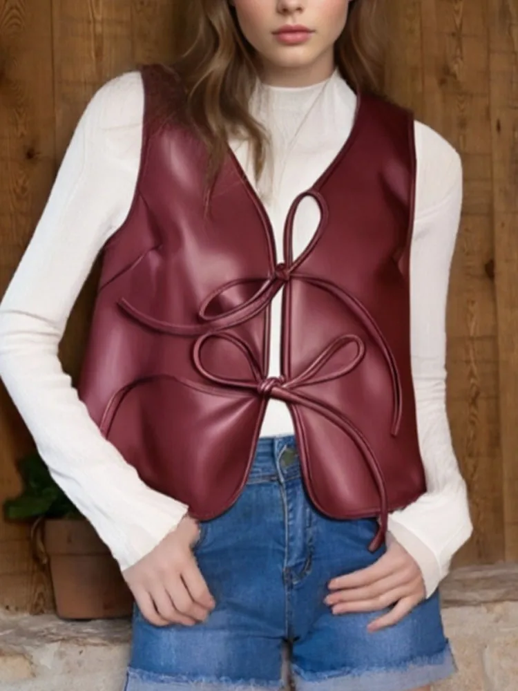 

Women's Casual Solid Color Lace-up Sleeveless PU Vest Jacket Coat