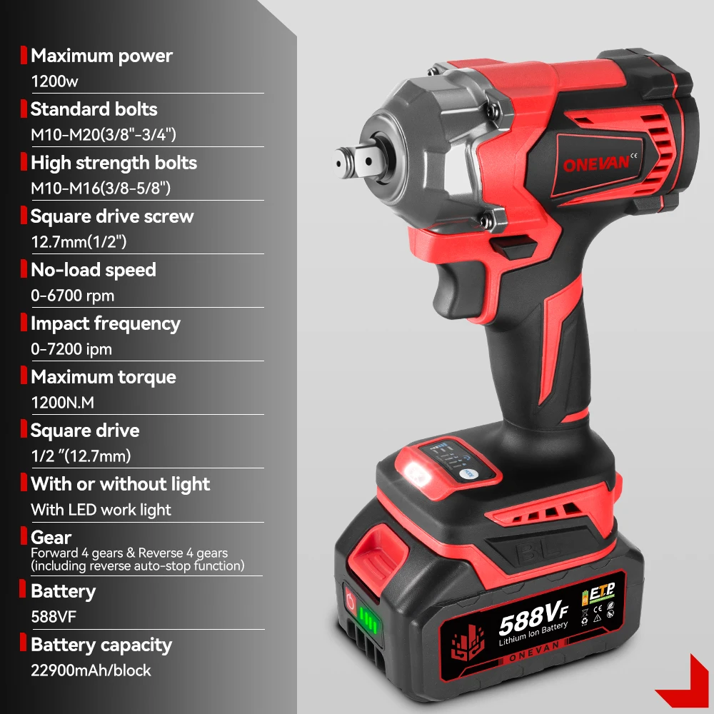 ONEVAN 1200 N.M Bürstenloser elektrischer Schlagschrauber Akku-Schraubendreher mit hohem Drehmoment Pistole Auto-Elektrowerkzeug für Makita 18 V Akku-Pin