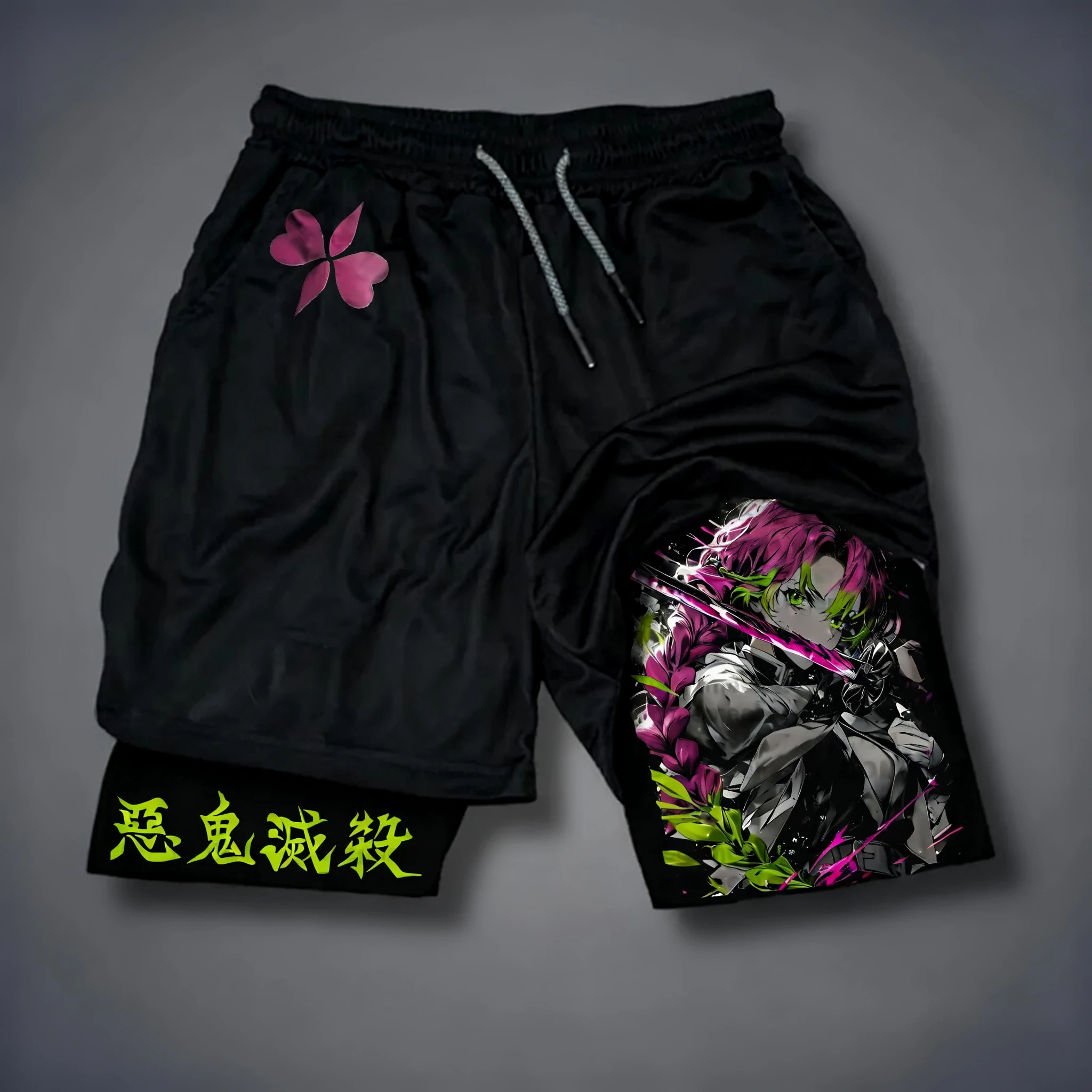 Demon Slayer Anime Print Double-layered Shorts For Summer Fitness And Sports, Loose And Fashionable Shorts For Men And Women Ins