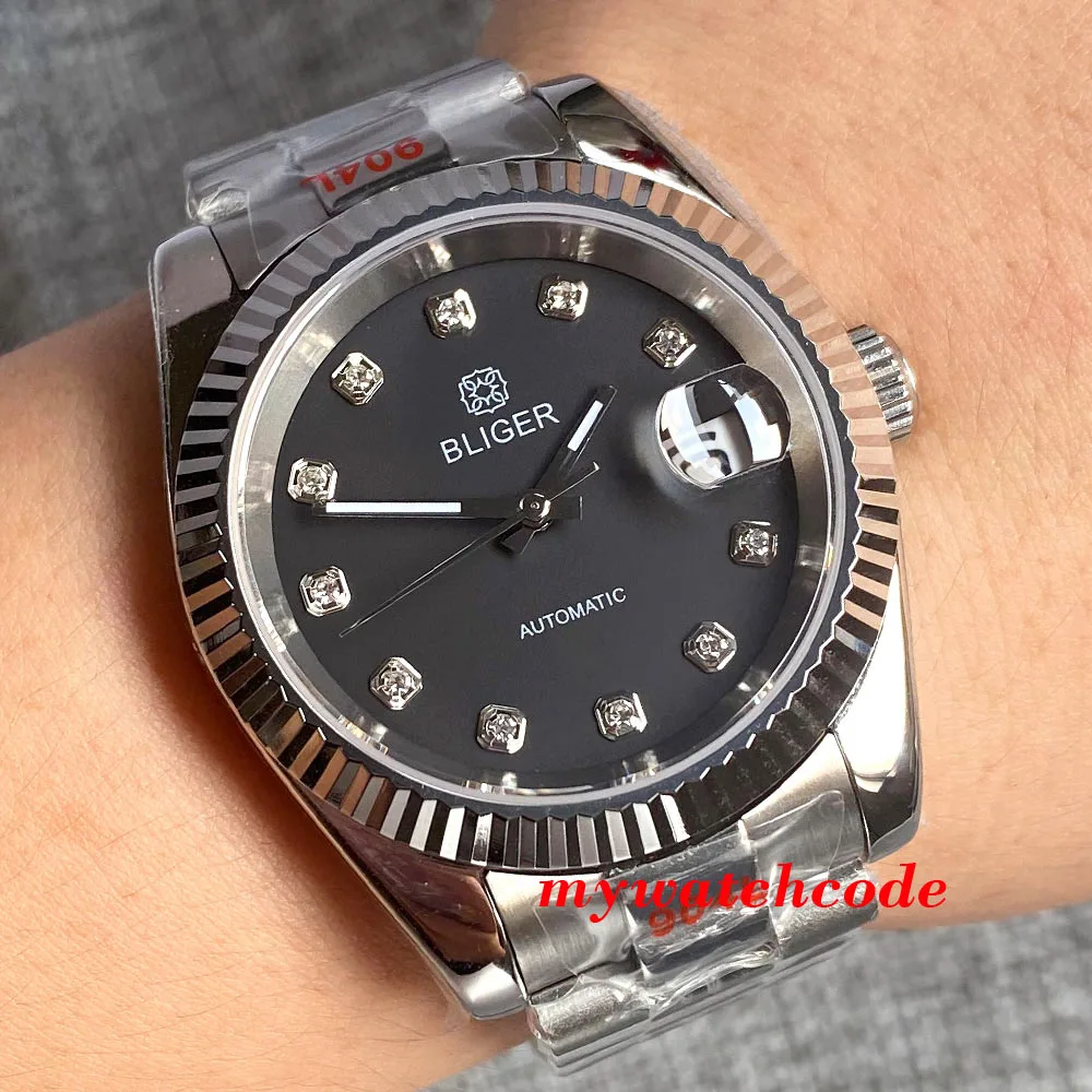 BLIGER-Reloj de pulsera automático para hombre, pulsera con bisel estriado Multicolor, esfera de diamante, cristal de zafiro, corona de tornillo de fecha, 36mm/39mm, NH35A