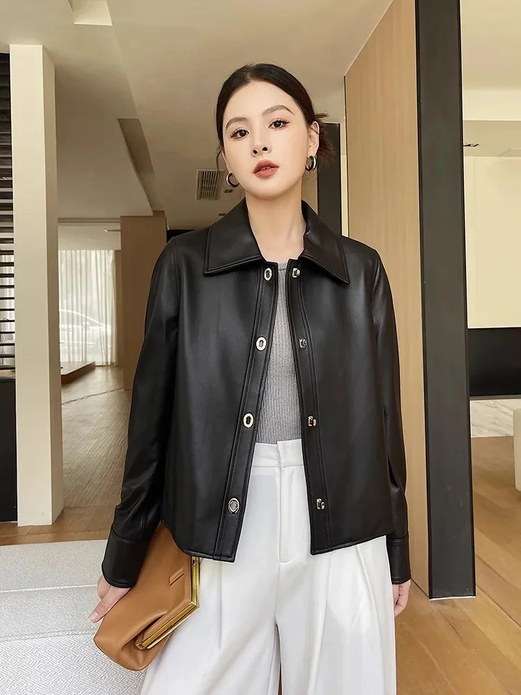 

Motorcycle Cropped Genuine Leather Jacket for Women 2024 New Chic Single Breasted High-end Black Real Sheepskin Coat