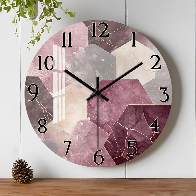 [2D Flat Wall Clock] 1pc 2D Flat Wall Clock Non-Ticking Wooden, Circular Clock HD Glossy Lamination Finish Abstract Geometric Pattern with Golden Lines Design for Living Room, Kitchen, Office, Closet Wall, Guest Room 10