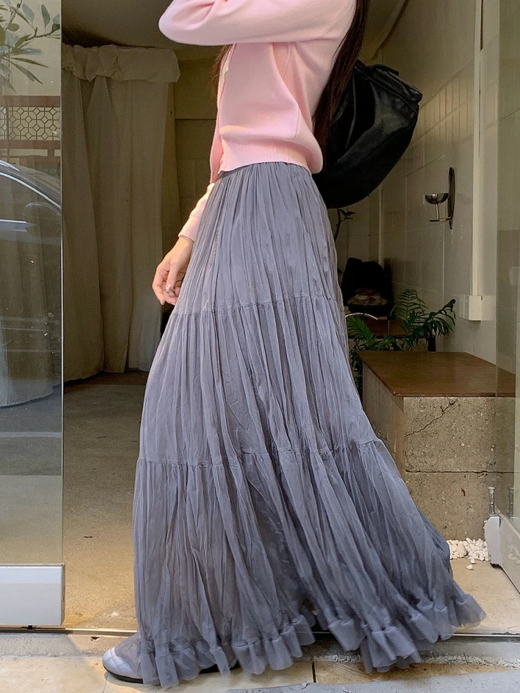 

Long Maxi Skirts For Women Spring Summer Mesh Skirt Korean Casual Style Elastic High Waisted A-Line Pleated Ruffle Skirt rok