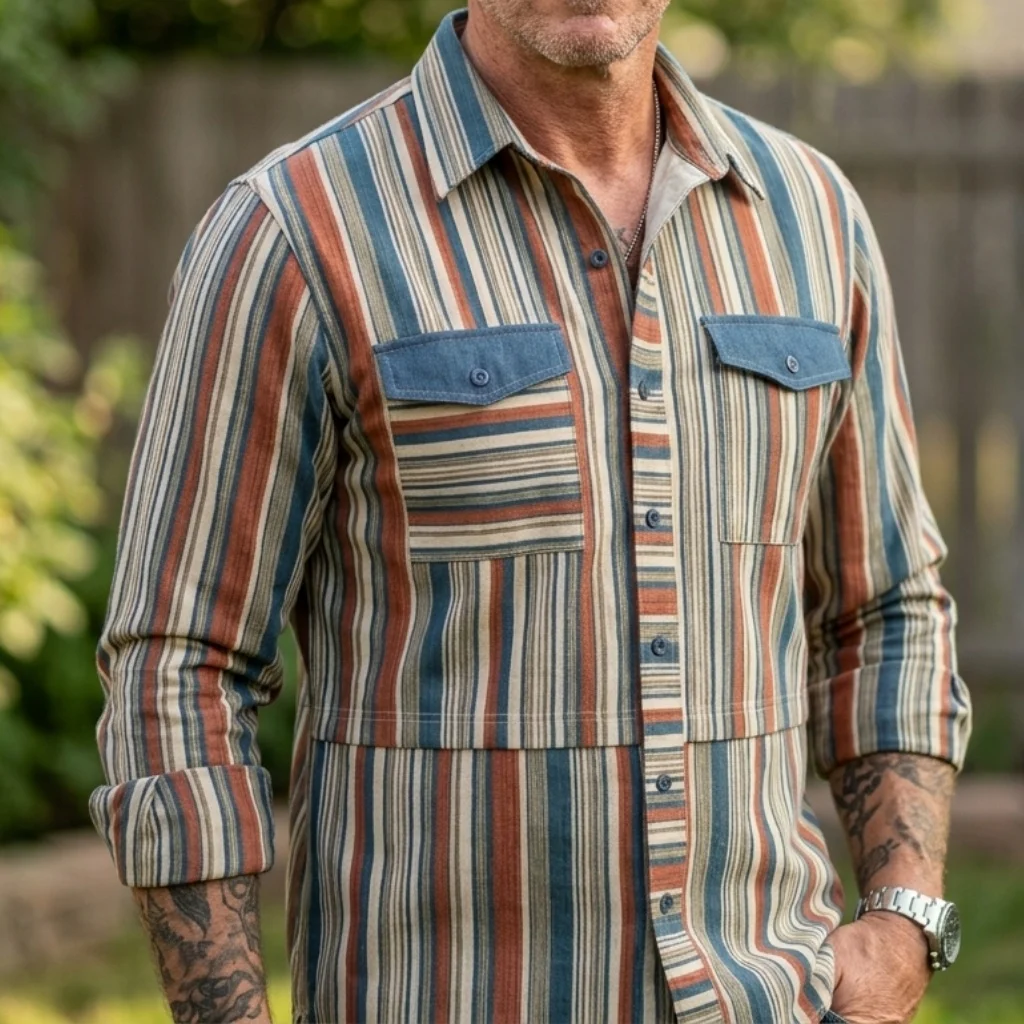 Summer Men's Color Block Striped Shirt Casual Breathable Cotton Blend Vintage Pocket Plus Holiday Daily Streetwear Male Clothes