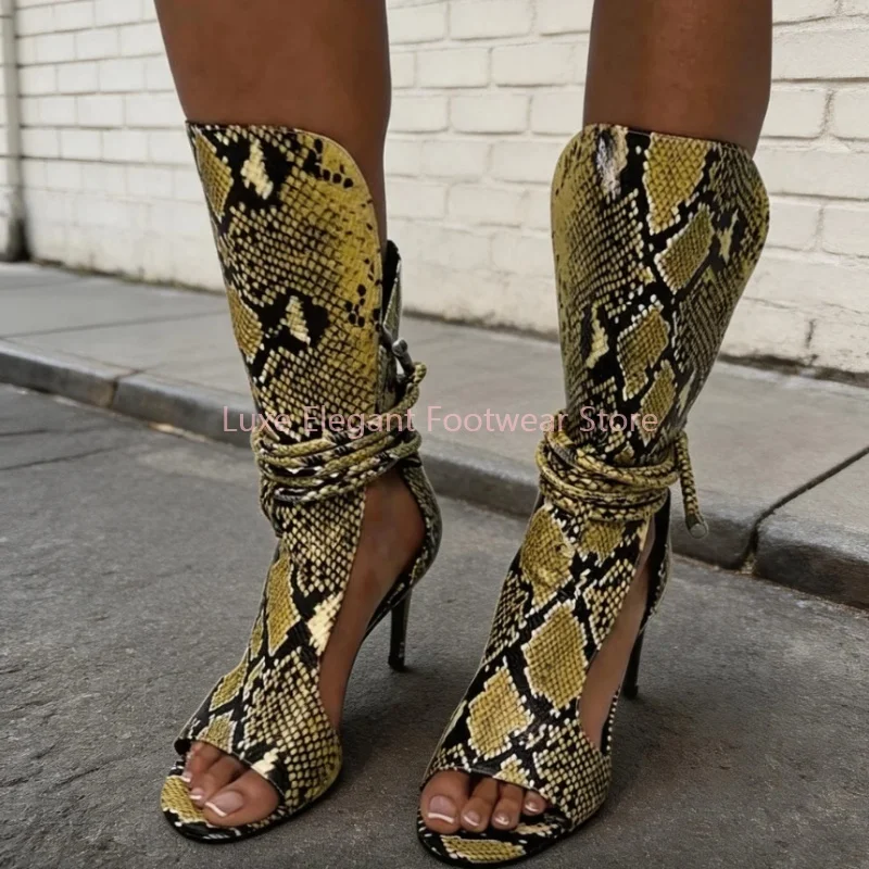

Yellow Snake Print Lace Up Open Toe Sandals Boots Women Hollow Cross Strap Thin Heel Mid Calf Boots Fashion Trendy Western Shoes
