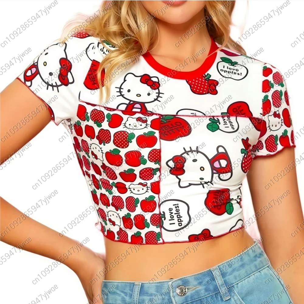 

Женская одежда, футболка с короткими рукавами, женская футболка с круглым вырезом, клубничный укороченный топ с принтом «Hello Kitty», уличная одежда, сексуальные женщины