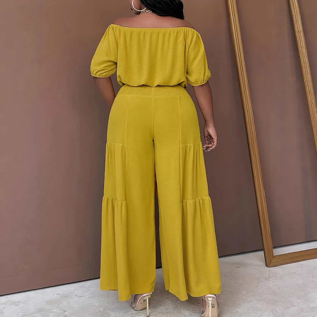 Summer Fashion Casual Plus Size Set With Lace Trim Bubble Sleeve Top And Loose Wide Leg Pants Women's Clothing Ensemble