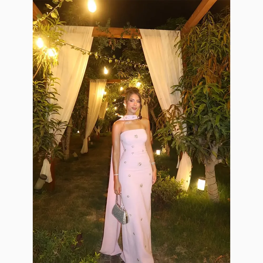 

Sexy Strapless Sleevesless Evening Dresses Pink Ribbon Prom Gowns Straight Floor Lenght Prom Dress Customized 2026