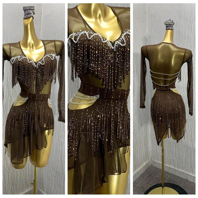 

Customize new Latin dance dress sexy salsa dress costume girls women comptition latin dancewear ladies dresses cocoa