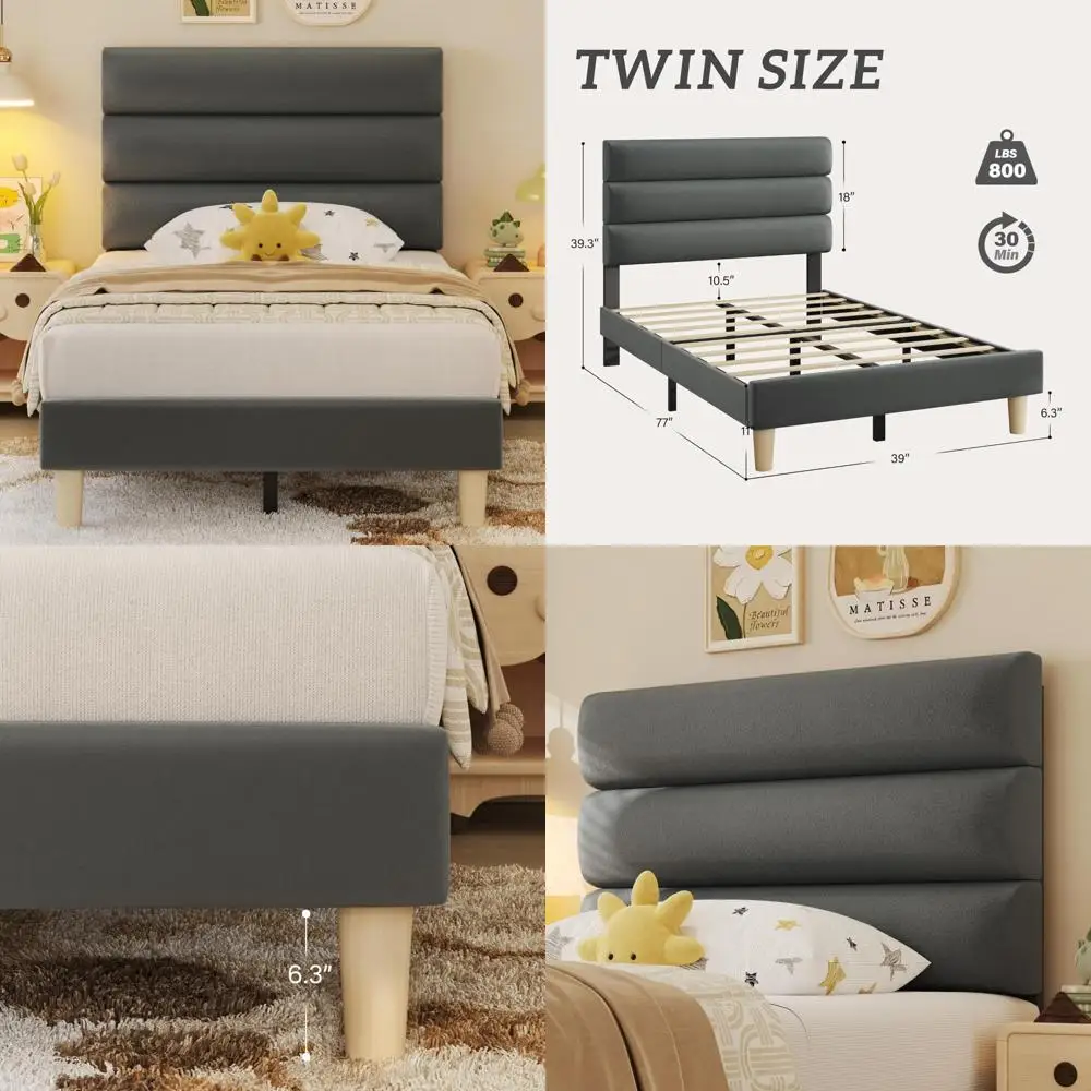 

Velvet-Headboard Platform Twin Bed Frame - No Box Spring Required, Sturdy Metal, Silent Support