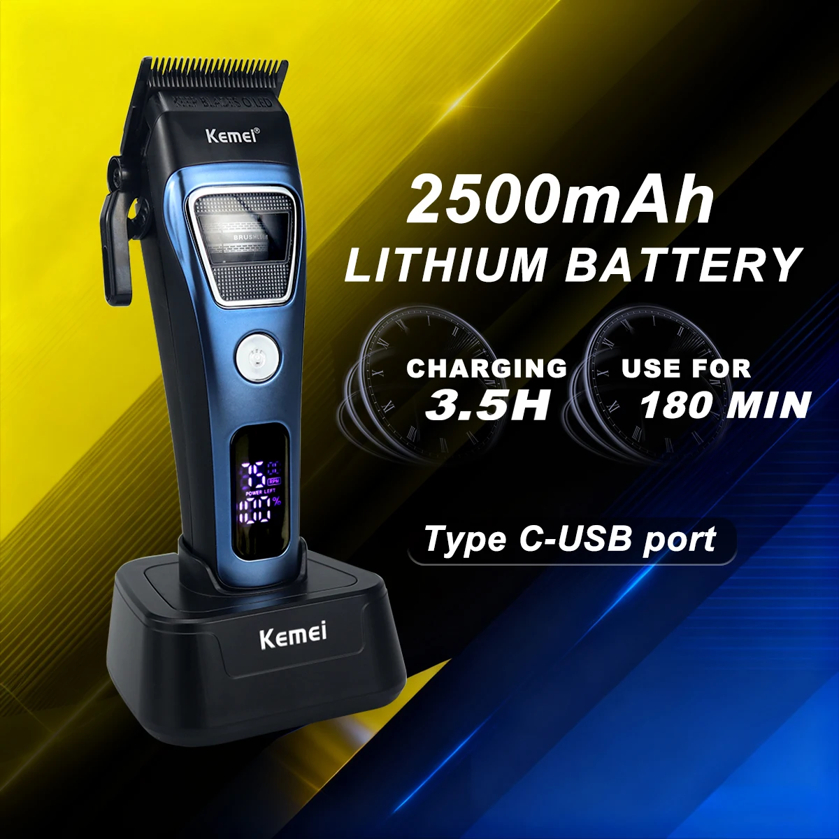 Kemei KM-1911 Men's Hair Clipper DLC Blade External Rotor Brushless Motor Base Charger LED Display Professional Haircut Machine