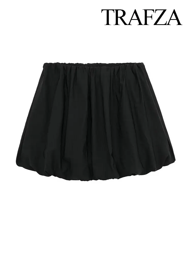 

TRAFZA 2024 Black Mini Lantern Skirts For Women Sexy Y2K Elastic Mid-Waist A-Line Version Versatile Solid Vintage Chic Bottoms