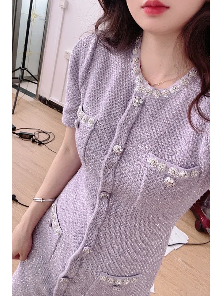 Luxury Crystal Knitted Dresses Women\'s 2026 Summer Holiday Single Breasted Pearl Sequins Flower Pencil Evening Party Vestidos