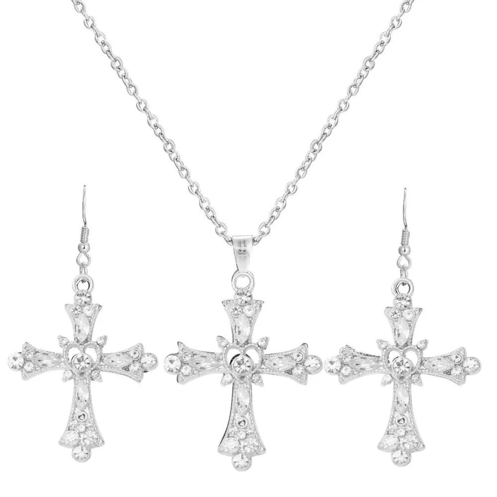 Luxury Personality Shining Brightly Full Zircon Hollowed-out Heart Cross Couple Pendant Necklace Earrings for Women Men Jewelry