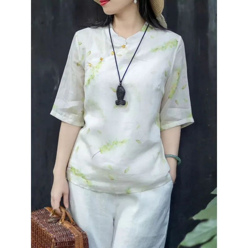 

Women's Chinese Style Floral Print Blouse Mandarin Collar Diagonal Placket Frog Button 3/4 Sleeve Casual Summer Top