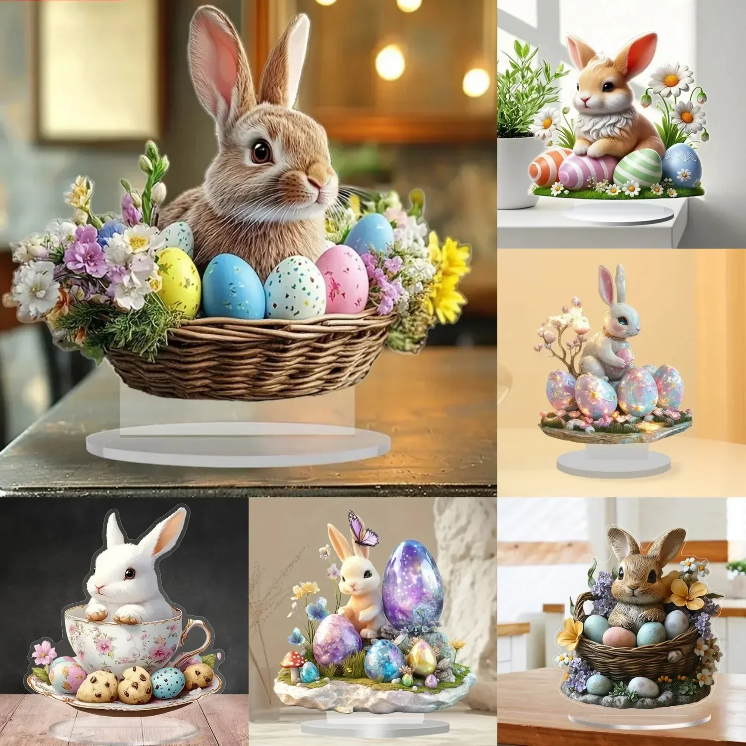 Easter Bunny & Bamboo Basket Statue,Rabbit 2D Flat  Acrylic Figurine,Home,Office,Cafe,room,Table Ornament Desktop Decor Kit Gift