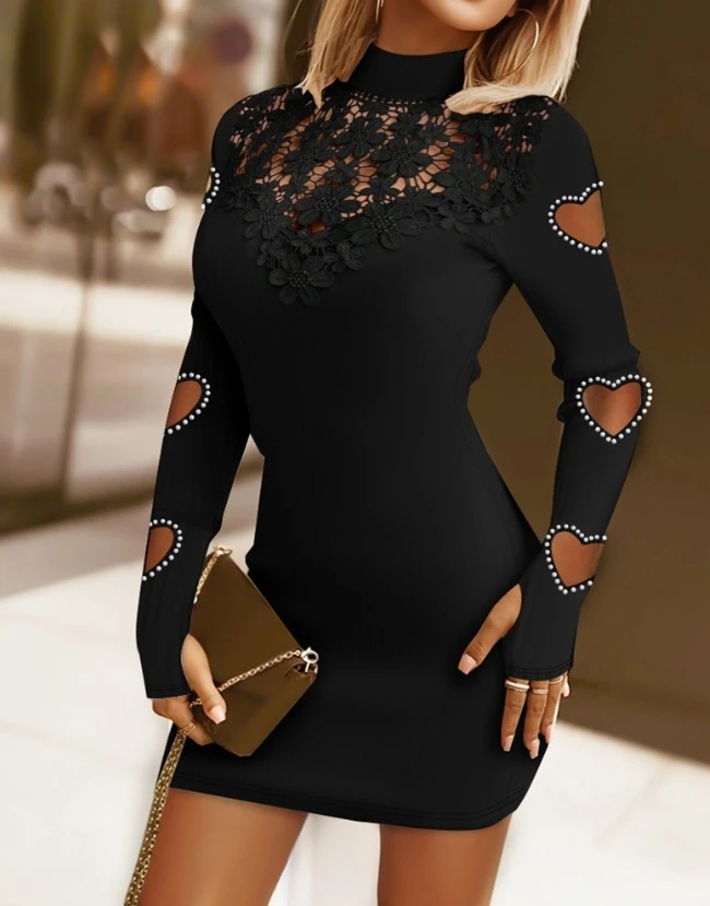 Women's Dresses 2023 Latest Fashion Casual Mock Neck Long Sleeve Mini Dress 2023 Beaded Hollow Heart Lace Patch Bodycon Dress