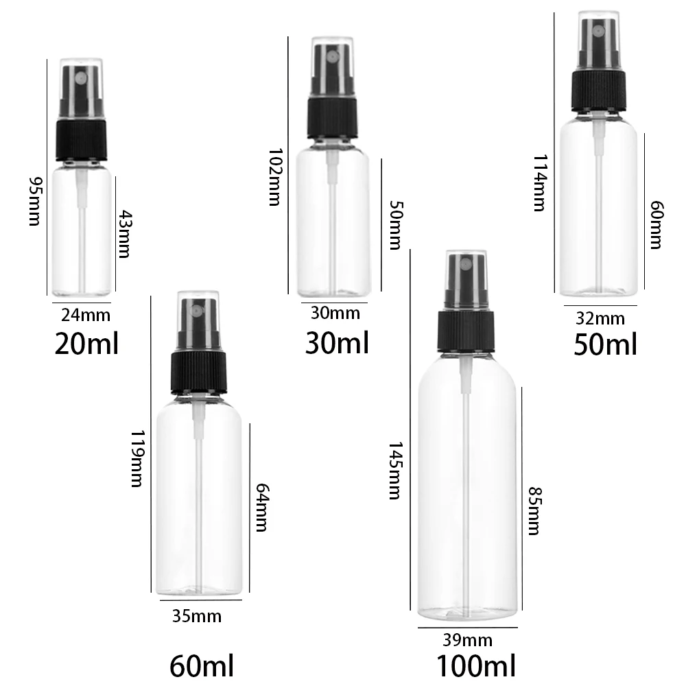 20/50/100pcs 20ml 30ml 50ml 60ml 100ml Plastic Spray Bottle Empty Transparent Travel Dispenser Bottle Portable Atomizer Sprayer