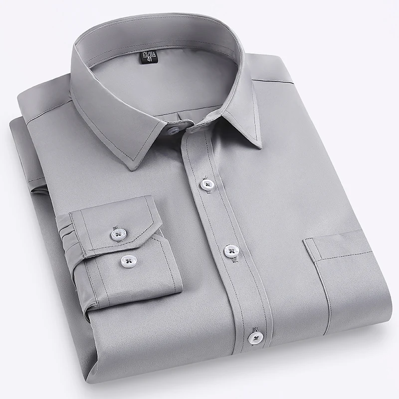 

2025 New in Elastic Long-sleeve Shirts for Men Slim Fit Formal Plain Shirt Solid Color Single Pocket Office White Red Plus Size