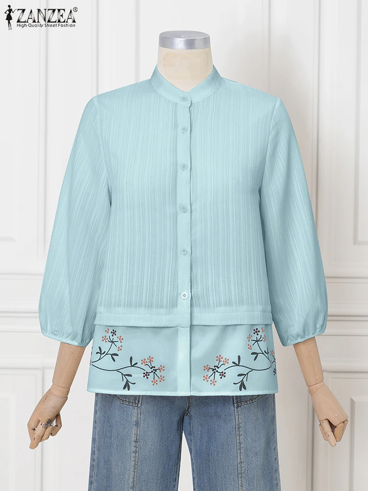 

Fashion Patchwork Blusas Floral Printed Tops Women Vintage 3/4 Sleeve Blouse Elegant ZANZEA 2025 Lady O Neck Tunics Oversized