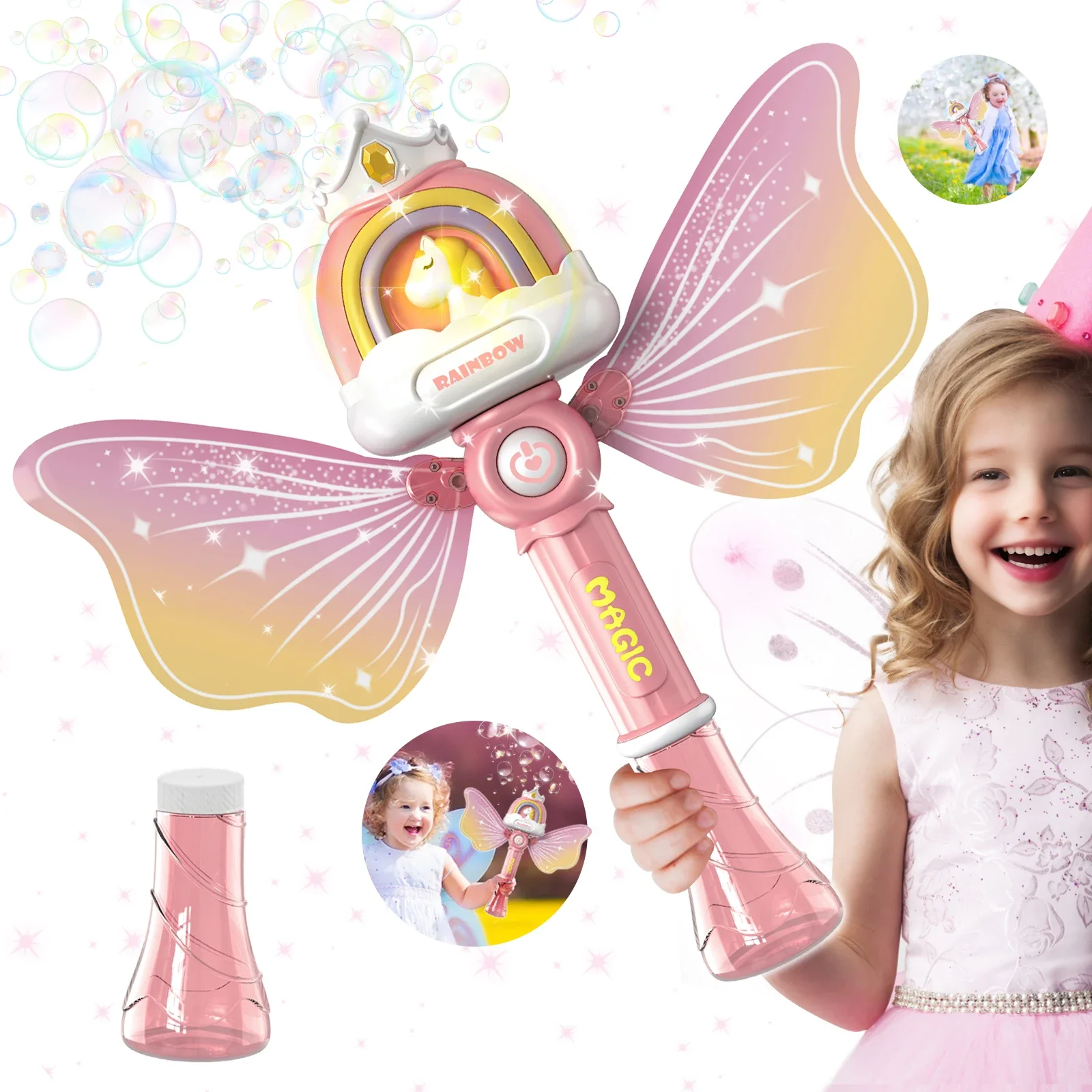 Máquina automática de burbujas con luces LED, soplador de Pony Angel, juguete de burbujas para exteriores para mayores de 3 años